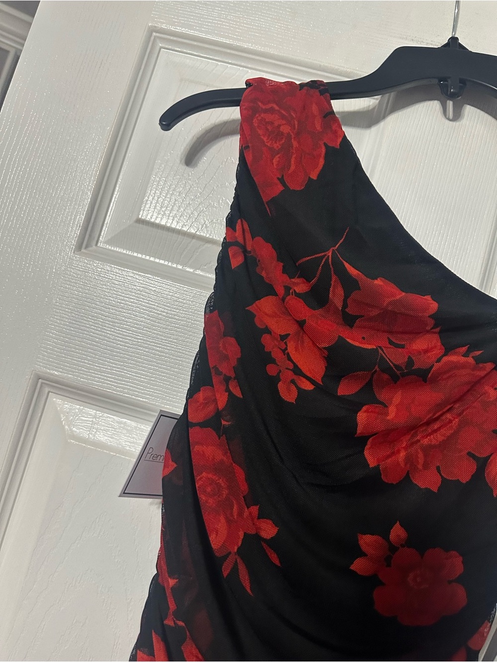 NWT Premier Amour One-Shoulder Ruched Black Dress with Red Floral Print - Picture 4 of 13